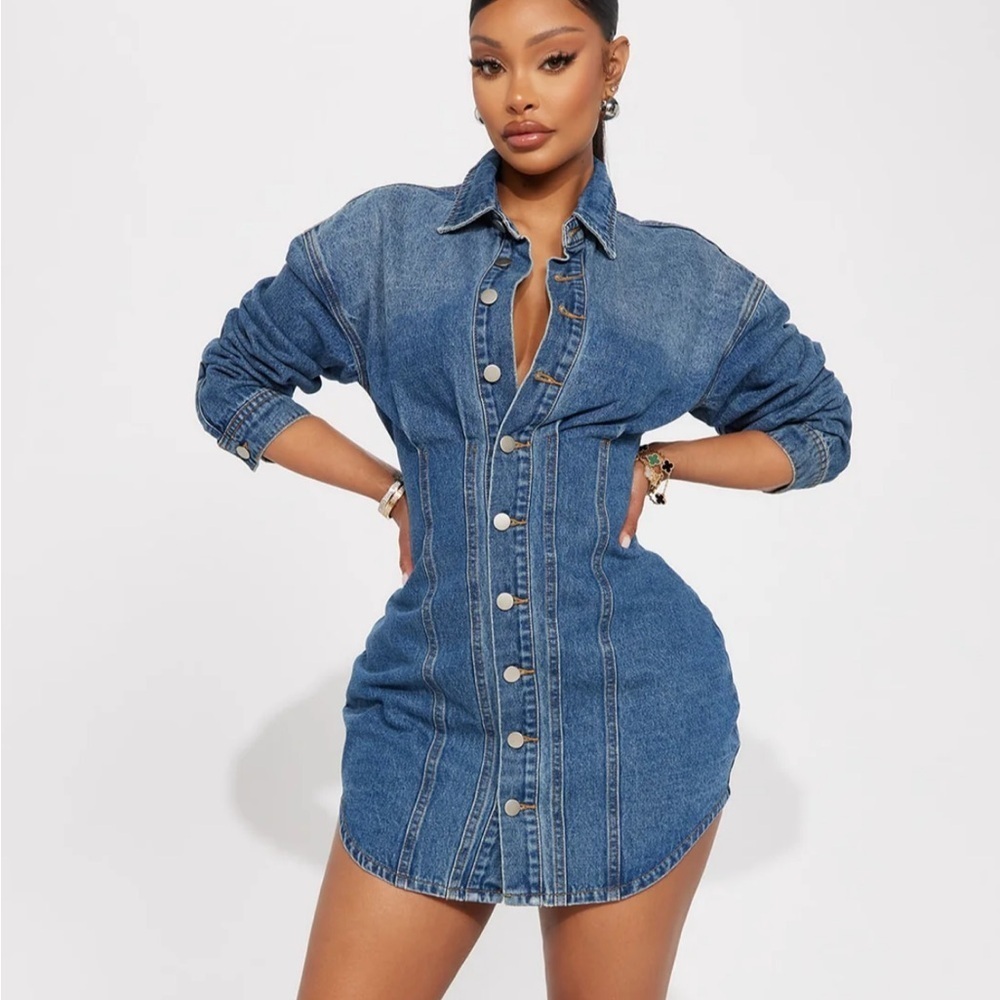 Brand New Fashion Nova Alessandra Denim Mini Dress Medium Wash Button Down Jean